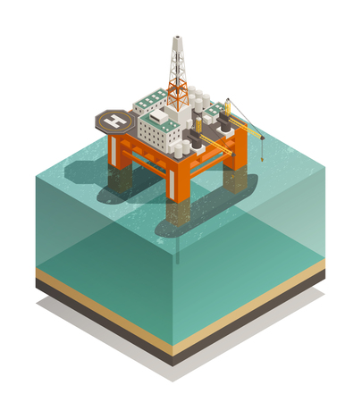 Oil production industry isometric composition with offshore platform facilities for well drilling extraction and processing vector illustrationのイラスト素材