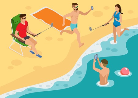 Isometric composition with young people on the beach making selfieのイラスト素材