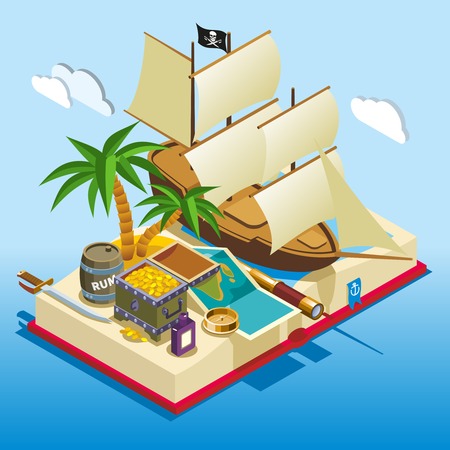 Pirate elements on open book isometric game composition on blue gradient background vector illustration.のイラスト素材