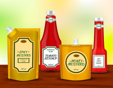 Spicy tomato and mustard sauces plastic packing pouch with spout and bottles collectionのイラスト素材
