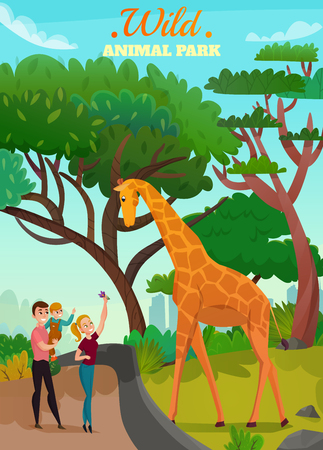 Wild animal park background with happy young family saluting giraffe walking in zoo cartoon vector illustrationのイラスト素材