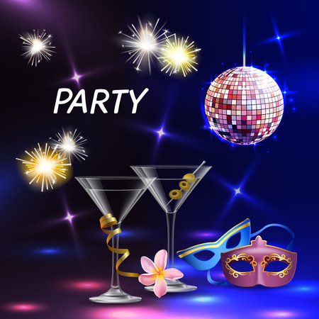 Celebration party realistic accessories lights cocktail glasses eye masks for festive night event promotion wedding vector illustrationのイラスト素材