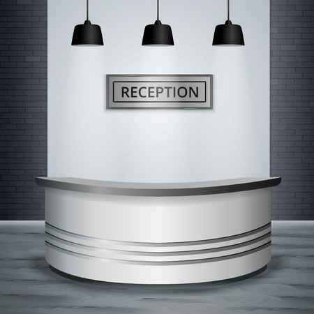 Reception lobby entryway modern office interior semicircular desk with stylish lighting in monochromatic shades realistic vector illustrationのイラスト素材