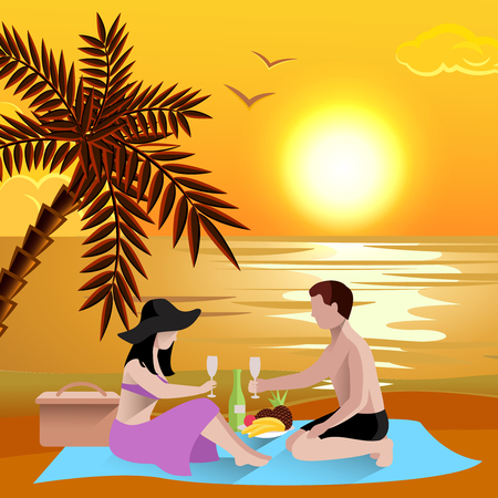Beach composition with coastal sundown scenery with sea and a couple having romantic dateのイラスト素材
