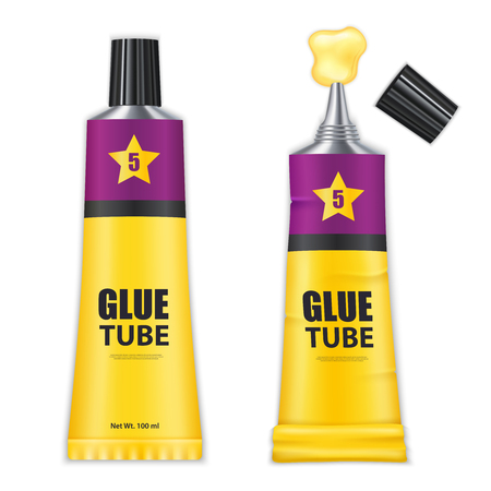 Two isolated realistic glue tubes in yellow and violet colors with opened and closed covers vector illustrationのイラスト素材