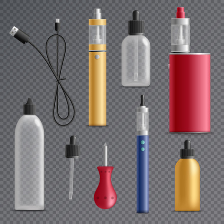 Vaping realistic set on transparent background with isolated images of refill bottles vaporizers and charging wire vector illustrationのイラスト素材