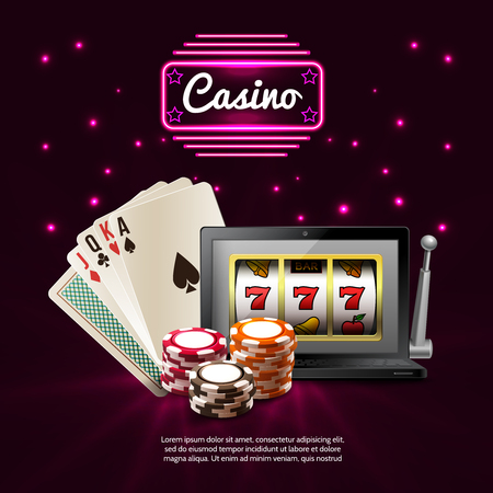Dark casino realistic composition with glowing signboard and isolated attributes of games vector illustrationのイラスト素材