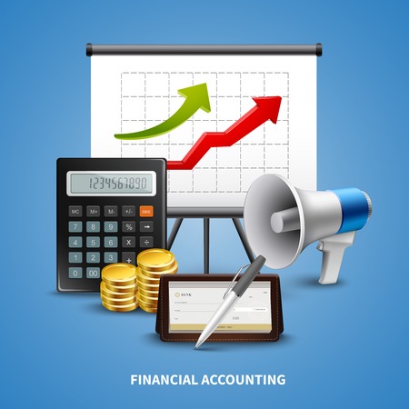Colorful business realistic concept with different tools for financial accounting on blue background, Vector illustration.のイラスト素材
