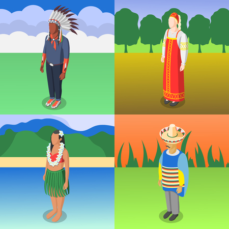 Multinational world culture design concept of four square compositions with people in national costumes on native nature background isometric vector illustrationのイラスト素材