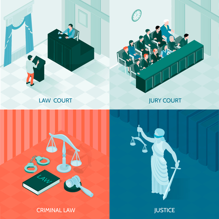 Symbols of law and justice and jury court isometric design concept on colorful backgroundのイラスト素材