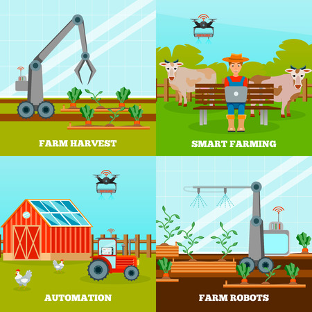 Smart farming design concept with farm robots for growing vegetables and harvesting with wireless control flat vector illustrationのイラスト素材