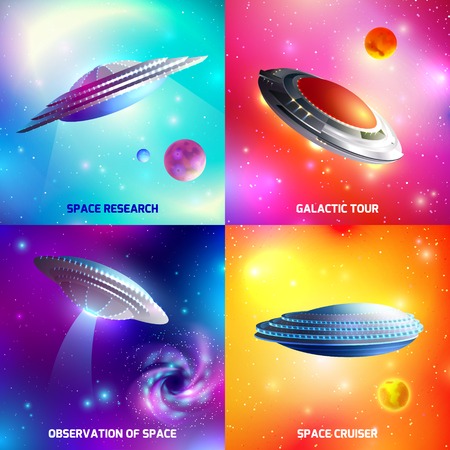 Design concept with alien spaceship during space research, galactic tour, as cosmic cruiser isolated vector illustrationのイラスト素材