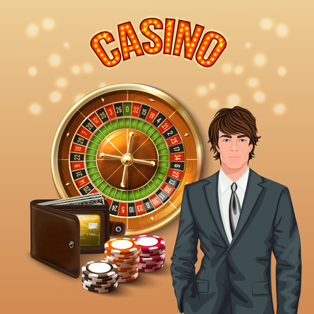 Man in casino realistic composition with big orange glowing casino headline and lucky gamer vector illustrationのイラスト素材