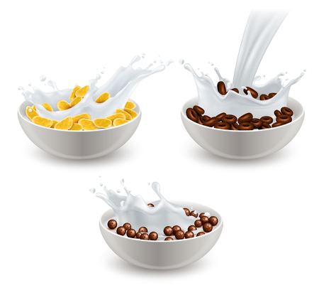 Set of realistic breakfast cereals in white ceramic bowls with splashes of milk isolated vector illustrationのイラスト素材