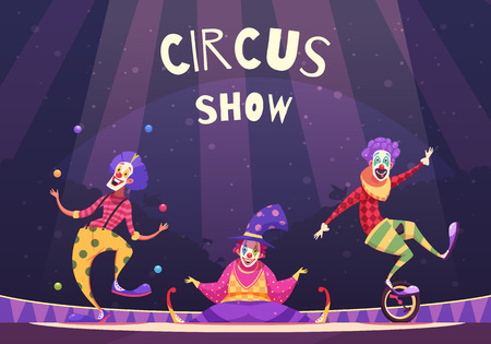 Circus show with clowns on arena including juggler, comedian, performer on unicycle, on purple background vector illustrationのイラスト素材
