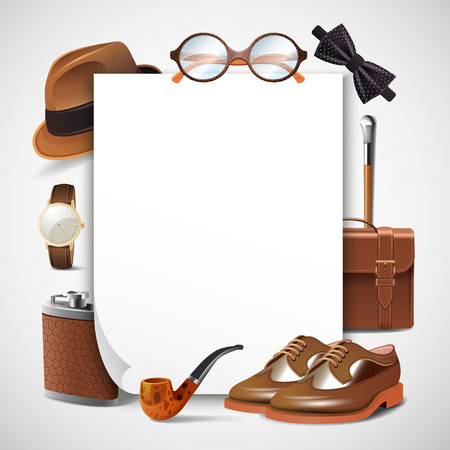 Retro gentleman accessories blank sheet paper frame with shoes briefcase glasses watch pipe hat realistic vector illustrationのイラスト素材