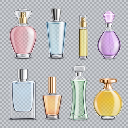 Set of perfume glass bottles with dispenser, metal elements isolated on transparent background vector illustrationのイラスト素材