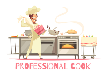 Professional cook during cake making composition on white background with kitchen equipment and culinary tools vector illustrationのイラスト素材