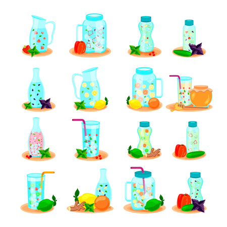 Detox water in drink bottles jar carafe. Flat icons collection with lemon honey mint isolated vector illustration.のイラスト素材