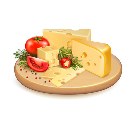 Cheese with vegetables, fresh greens and spice on wooden plate 3d composition on white background vector illustrationのイラスト素材
