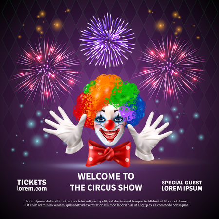 Fireworks composition with circus show announcement editable text and images of clown face hands and cracker vector illustration.のイラスト素材
