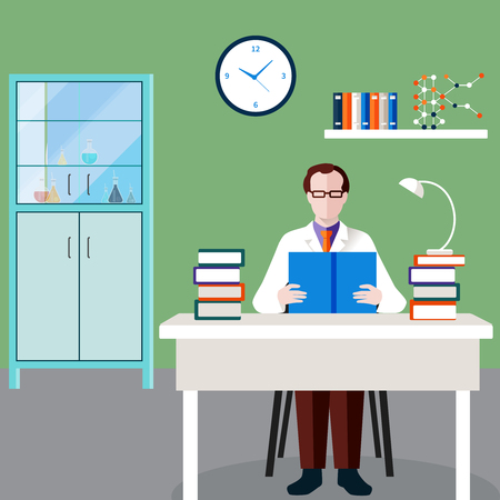 Scientists people composition with man at the table in his office studies professional literature vector illustrationのイラスト素材