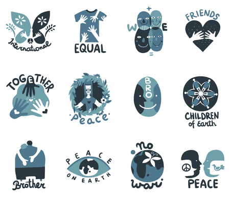International friendship symbols set of emblems with people diversity, peace sign, no war, together isolated vector illustrationのイラスト素材
