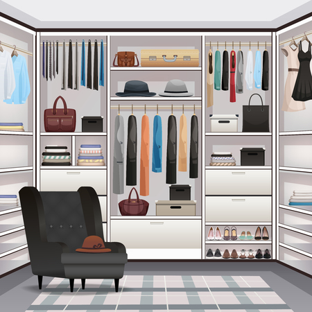 Storage room wardrobe cloakroom interior organization with adjustable shelving hanging rails shoe racks armchair realistic vector illustrationのイラスト素材