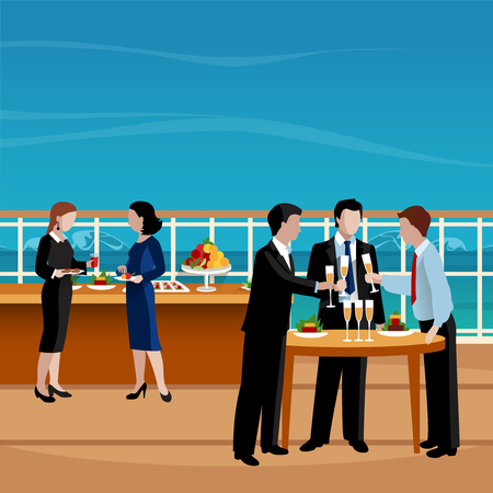 Flat colored business lunch people vector illustration with corporate or party for employees on a yacht vector illustrationのイラスト素材