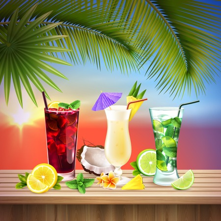A Cocktails set realistic composition with three different flavors of alcohol cocktail at the table vector illustrationのイラスト素材