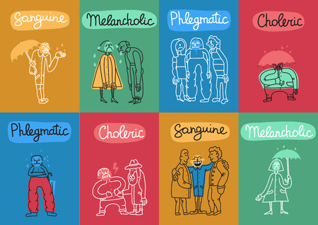 Temperament 8 colorful background cards set with 4 fundamental personality types names symbols abstract isolated vector illustrationのイラスト素材