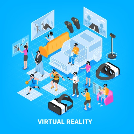 Virtual reality vr experience simulators training games portable gadgets headsets displays isometric composition background poster vector illustrationのイラスト素材