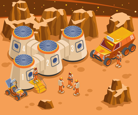Base on mars with astronauts in environmental suits, transportation, nature of planet isometric vector illustrationのイラスト素材
