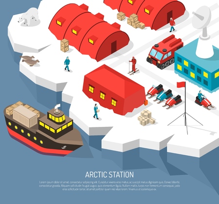 Arctic meteorological research polar station isometric poster with cargo ship arrival tracked vehicles snowmobiles helipad vector illustrationのイラスト素材