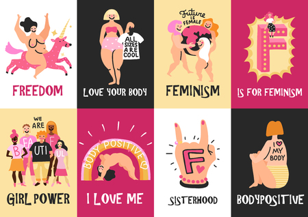 Feminism body positive vertical cards with love to own figure, female freedom, girl power isolated vector illustrationのイラスト素材