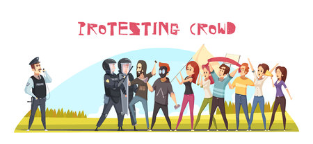 Protesting crowd poster with guards and group of people demonstratingのイラスト素材