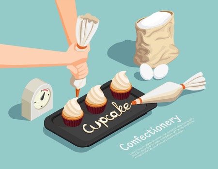 Confectionery chef isometric concept with cupcake and cream symbols vector illustrationのイラスト素材