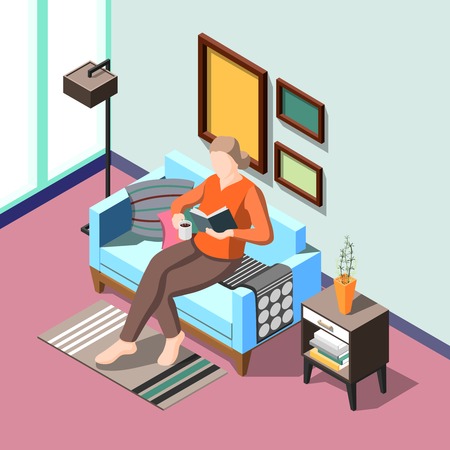 Daily routine isometric background with female character reading book in home interior vector illustrationのイラスト素材