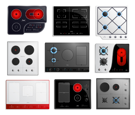 Colored and realistic hob surfaces icon set with different types of hob sizes and power vector illustrationのイラスト素材