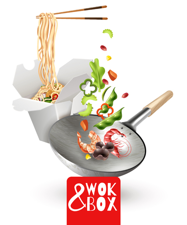 Realistic chinese noodles in cardboard box, wok with flying ingredients including vegetables, shrimps, mushrooms vector illustrationのイラスト素材