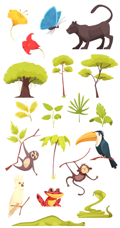 Rain forest jungle inhabitants flora fauna insects collection with alligator cobra snake butterflies monkeys isolated vector illustrationのイラスト素材