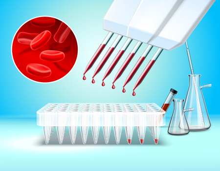 Laboratory glassware and tests composition with blood test symbols realistic vector illustrationのイラスト素材