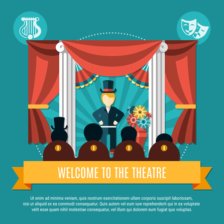 Theatre colored concept with welcome to the theater headline on yellow big ribbon vector illustrationのイラスト素材