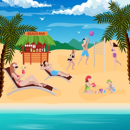 People on beach background with flat human characters laying on sun loungers playing volleyball with kids vector illustrationのイラスト素材