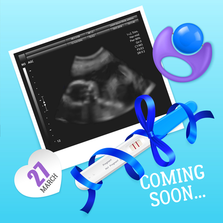 Pregnancy test 2 lines positive result with blue ribbon dummy ultrasound photo realistic background poster vector illustrationのイラスト素材