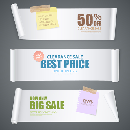 Realistic scroll paper banners on clearance sale theme with best price and limited time only headlines vector illustrationのイラスト素材