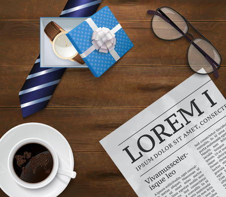 Dad day composition of gifts on wooden table with newspaper glasses cup of coffee and tie vector illustrationのイラスト素材
