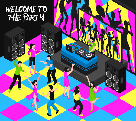 Dj and party composition with entertainment nightlife and music symbols isometric vector illustrationのイラスト素材