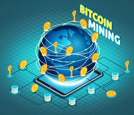 Crypto currency mining isometric composition on turquoise textured background with globe, tablet computer, block chain, vector illustrationのイラスト素材