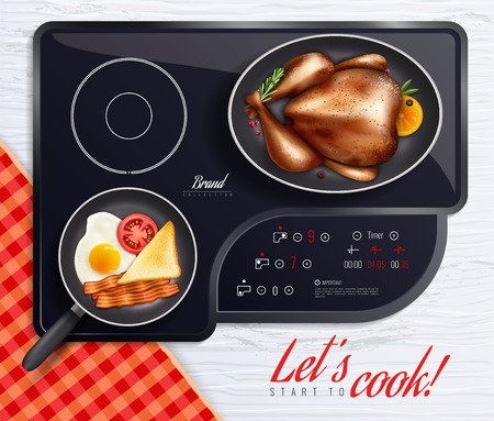 Colored hob surfaces cooking poster with let s start to cook headline and different dishes on the stove vector illustrationのイラスト素材